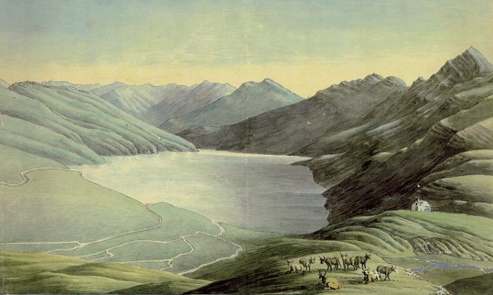 Lago Ritom 1817 Il Lago Ritóm (30 agosto 1817). In primo piano la cappella dedicata a San Carlo, sovrastante l’alpe di Campo e il delta della Murinascia. Disegno di Hans Conrad Escher von der Linth (fonte e ©: fondazione Linth-Escher, originale presso la Biblioteca centrale di Zurigo, ZEI 1.1817.0830)